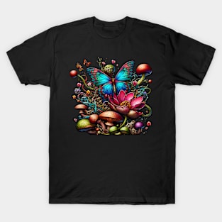 Butterfly in garden of flowers and mushrooms T-Shirt